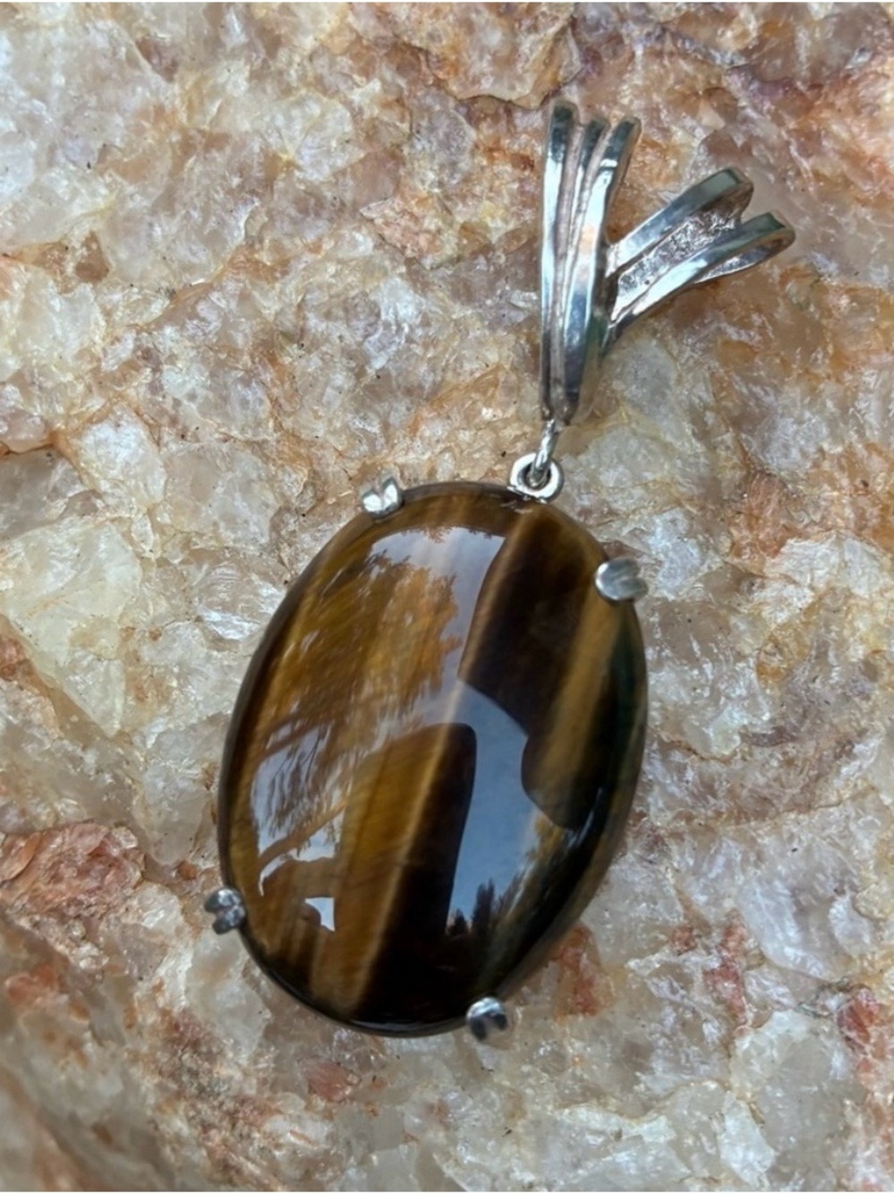 925 Sterling Silver Tiger’s Eye Statement Pendant 2”